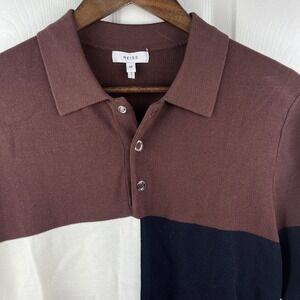 Reiss Polo Shirt Mens Medium Brown Navy Colorblock Knit Short Sleeve Casual